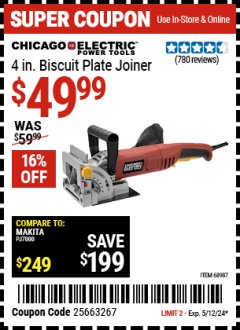 Harbor Freight Coupon 4" BISCUIT PLATE JOINER Lot No. 38437/68987 EXPIRES: 5/12/24 - $49.99