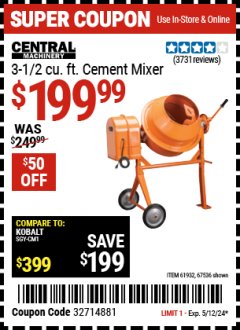 Harbor Freight Coupon 3-1/2 CUBIC FT. CEMENT MIXER Lot No. 67536/61932 Expired: 5/12/24 - $199.99