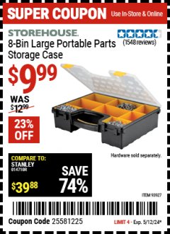 Harbor Freight Coupon 8 BIN LARGE PORTABLE PARTS STORAGE CASE Lot No. 93927 Expired: 5/12/24 - $9.99
