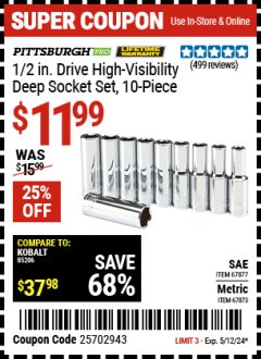 Harbor Freight Coupon 10 PIECE, 1/2" DRIVE DEE SOCKETS Lot No. 61296,67877,67873,61286 EXPIRES: 5/12/24 - $11.99