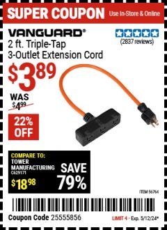 Harbor Freight Coupon 3-WAY GROUNDED POWER OUTLET Lot No. 56764/61998/45185 Valid Thru: 5/12/24 - $3.89