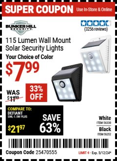 Harbor Freight Coupon 115 LUMEN WALL MOUNT SOLAR SECURITY LIGHTS Lot No. 56252,56330 Expired: 5/12/24 - $7.99