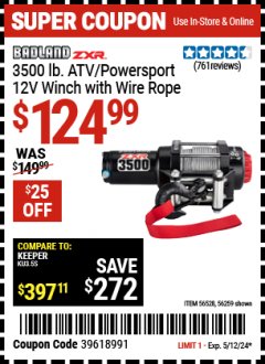 Harbor Freight Coupon BADLAND ZXR 2500 LB. ATV/UTILITY ELECTRIC WINCH WITH WIRELESS REMOTE CONTROL Lot No. 56528 Expired: 5/12/24 - $124.99