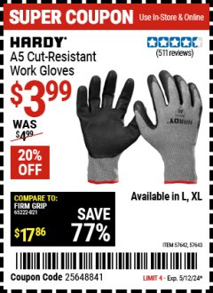 Harbor Freight Coupon HARDY A5 CUT RESISTANT WORK GLOVES Lot No. 57643,57642 EXPIRES: 5/12/24 - $3.99