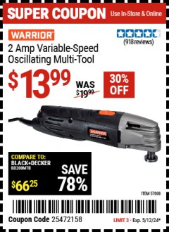 Harbor Freight Coupon 2 AMP VARIABLE SPEED OSCILLATING MULTI-TOOL Lot No. 57808 Expired: 5/12/24 - $13.99