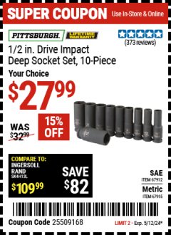 Harbor Freight Coupon 10 PIECE 1/2" DRIVE DEEP WALL IMPACT SOCKET SETS Lot No. 67912/61709/69263/67915/69287/61707 Expired: 5/12/24 - $27.99
