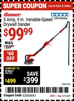 Harbor Freight Coupon BAUER 5 AMP 9 IN VARIABLE SPEED DRYWALL SANDER Lot No. 59166 Valid Thru: 5/12/24 - $99.99