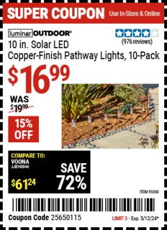 Harbor Freight Coupon 10" SOLAR PATHWAY LIGHTS Lot No. 59268 EXPIRES: 5/12/24 - $16.99