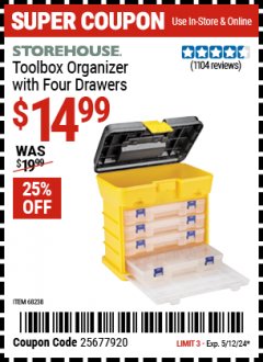Harbor Freight Coupon TOOLBOX ORGANIZER WITH 4 DRAWERS Lot No. 68238 Expired: 5/12/24 - $14.99