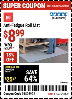 Harbor Freight Coupon ANTI-FATIGUE ROLL MAT Lot No. 61241/62205/62407 Expired: 5/12/24 - $8.99