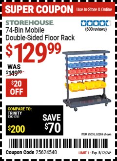 Harbor Freight Coupon 74 BIN MOBILE DOUBLE-SIDED FLOOR RACK Lot No. 62269/95551 Expired: 5/12/24 - $129.99
