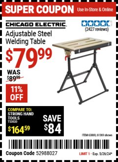 Harbor Freight Coupon ADJUSTABLE STEEL WELDING TABLE Lot No. 63069/61369 EXPIRES: 5/26/24 - $79.99