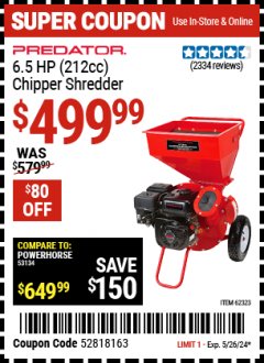 Harbor Freight Coupon CHIPPER/SHREDDER WITH 6.5 HP GAS ENGINE Lot No. 62323 Valid: 5/16/24 5/26/24 - $4.99