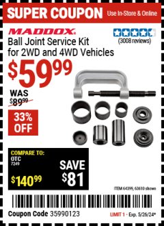 Harbor Freight Coupon MADDOX BALL JOINT SERVICE KIT FOR 2WD AND 4WD VEHICLES Lot No. 64399, 63610 EXPIRES: 5/26/24 - $59.99