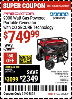 Harbor Freight Coupon 9000 WATT GAS POWERED GENERATOR WITH CO SECURE TECHNOLOGY Lot No. 59206,59134 EXPIRES: 5/26/24 - $749.99