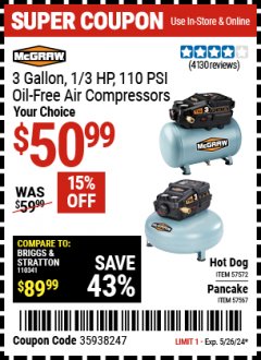 Harbor Freight Coupon MCGRAW 3 GALLON, 1/3 HP 110 PSI OIL-FREE AIR COMPRESSORS Lot No. 57567/57572 Valid Thru: 5/26/24 - $50.99