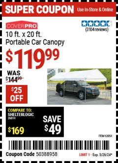 Harbor Freight Coupon COVERPRO 10 FT. X 20 FT. PORTABLE CAR CANOPY Lot No. 63054 EXPIRES: 5/26/24 - $119.99