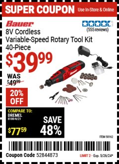 Harbor Freight Coupon BAUER 8V CORDLESS VARIABLE SPEED ROTARY TOOL KIT, 40 PIECE Lot No. 58162 Valid Thru: 5/26/24 - $39.99