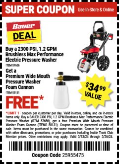 Harbor Freight Free Coupon PREMIUM WIDE MOUTH PRESSURE WASHER FOAM CANNON Lot No. 58131 Valid Thru: 5/26/24 - FWP
