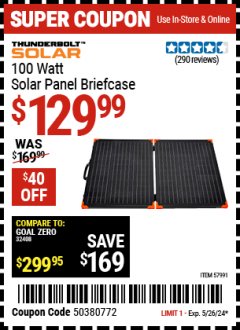 Harbor Freight Coupon 100W SOLAR PANEL BRIEFCASE Lot No. 57991 Valid Thru: 5/26/24 - $129.99