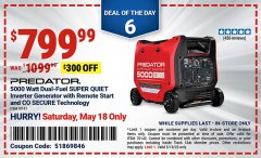 Harbor Freight Coupon 5000 WATT DUAL-FUEL SUPER QUIET INVERTER GENERATOR WITH REMOTE START AND CO SECURE TECHNOLOGY Lot No. 70143 Valid: 5/18/24 5/18/24 - $799.99