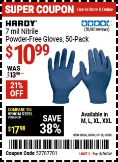 Harbor Freight Coupon HARDY 7 MIL NITRILE POWDER-FREE GLOVES, 50-PACK Lot No. 68506, 68504, 57158, 68505 EXPIRES: 5/26/24 - $10.99