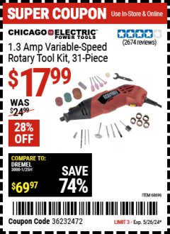 Harbor Freight Coupon CHICAGO ELECTRIC 1.3 AMP VARIABLE-SPEED ROTARY TOOL KIT, 31-PIECE Lot No. 68696 Valid Thru: 5/26/24 - $17.99
