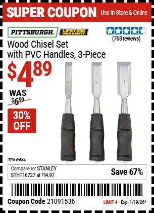 www.hfqpdb.com - PITTSBURGH WOOD CHISEL SET WITH PVC HANDLES, 3-PIECE Lot No. 69544