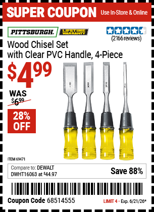 www.hfqpdb.com - PITTSBURGH WOOD CHISEL SET WITH CLEAR PVC HANDLE, 4-PIECE Lot No. 69471