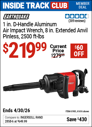 www.hfqpdb.com - EARTHQUAKE 1 IN. D-HANDLE ALUMINUM AIR IMPACT WRENCH, 8 IN. EXTENDED ANVIL, PINLESS, 2500 FT-LBS, RED Lot No. 61616/61901