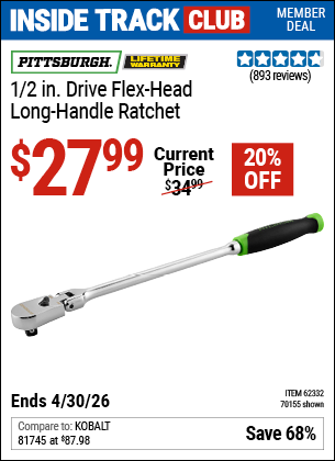 www.hfqpdb.com - PITTSBURGH 1/2 IN. DRIVE FLEX-HEAD LONG-HANDLE RATCHET Lot No. 70155/62332
