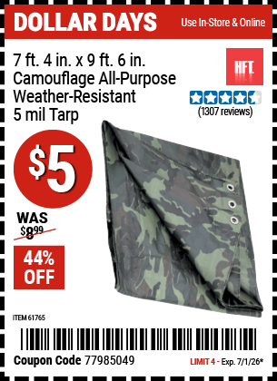 www.hfqpdb.com - HFT 7 FT. 4 IN. X 9 FT. 6 IN. CAMOUFLAGE ALL-PURPOSE/WEATHER-RESISTANT 5 MIL TARP Lot No. 61765
