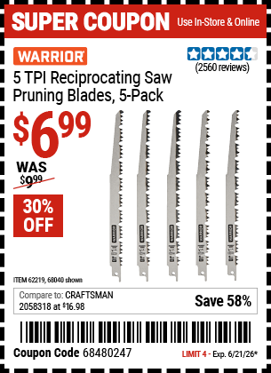 www.hfqpdb.com - WARRIOR 5 TPI RECIPROCATING SAW PRUNING BLADES, 5-PACK Lot No. 68040/62219