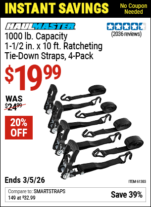 www.hfqpdb.com - HAUL-MASTER 1000 LB. CAPACITY, 1-1/2 IN. X 10 FT. RATCHETING TIE-DOWN STRAPS, 4-PACK Lot No. 61303