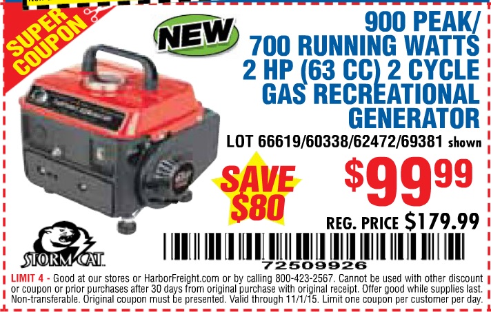 Harbor Freight 900 Watt Generator Coupon