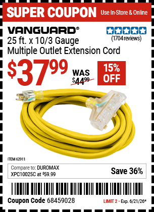 www.hfqpdb.com - VANGUARD 25 FT. X 10/3 GAUGE MULTIPLE OUTLET EXTENSION CORD, YELLOW Lot No. 62911
