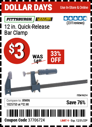 www.hfqpdb.com - PITTSBURGH 12 IN. QUICK-RELEASE BAR CLAMP Lot No. 96214
