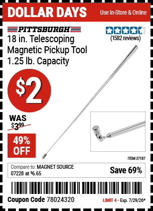 Harbor Freight PITTSBURGH 18 IN. TELESCOPING MAGNETIC PICKUP TOOL, 1.25 LB. CAPACITY coupon