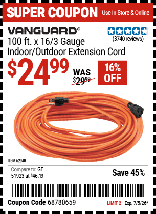 www.hfqpdb.com - VANGUARD 100 FT. X 16/3 GAUGE INDOOR/OUTDOOR EXTENSION CORD, ORANGE Lot No. 62940
