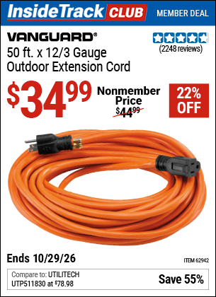 www.hfqpdb.com - VANGUARD 50 FT. X 12/3 GAUGE OUTDOOR EXTENSION CORD, ORANGE Lot No. 62942