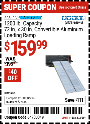 www.hfqpdb.com - HAUL-MASTER 1200 LB. CAPACITY, 72 IN. X 30 IN. CONVERTIBLE ALUMINUM LOADING RAMP Lot No. 94057