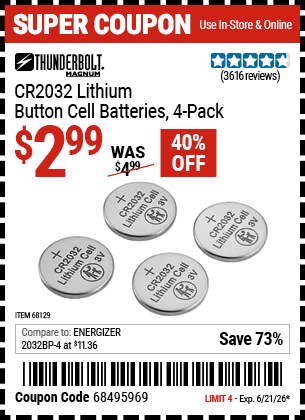 www.hfqpdb.com - THUNDERBOLT MAGNUM CR2032 LITHIUM BUTTON CELL BATTERIES, 4-PACK Lot No. 68129