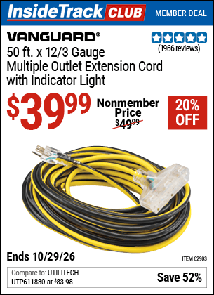 www.hfqpdb.com - VANGUARD 50 FT. X 12/3 GAUGE MULTIPLE OUTLET EXTENSION CORD WITH INDICATOR LIGHT, YELLOW, BLACK Lot No. 62903