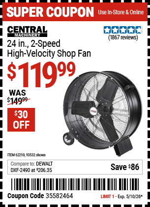 www.hfqpdb.com - CENTRAL MACHINERY 24 IN., 2-SPEED HIGH-VELOCITY SHOP FAN Lot No. 93532/62210/56742