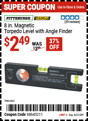 www.hfqpdb.com - PITTSBURGH 8 IN. MAGNETIC TORPEDO LEVEL WITH ANGLE FINDER Lot No. 63692