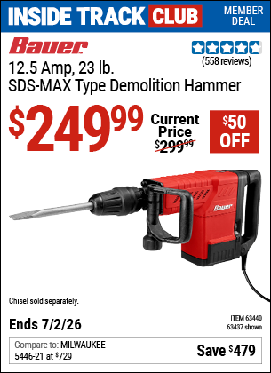 www.hfqpdb.com - BAUER 12.5 AMP, 23 LB. SDS-MAX TYPE DEMOLITION HAMMER Lot No. 63437/63440
