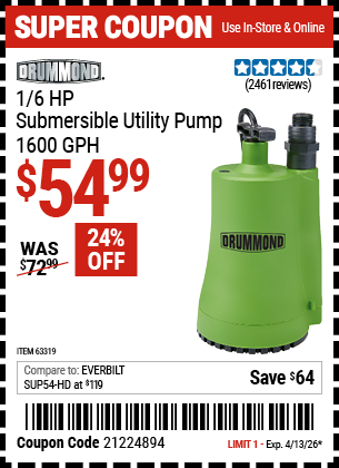 www.hfqpdb.com - DRUMMOND 1/6 HP SUBMERSIBLE UTILITY PUMP, 1600 GPH Lot No. 63319