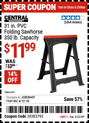 www.hfqpdb.com - CENTRAL MACHINERY 31 IN. PVC FOLDING SAWHORSE, 350 LB. CAPACITY Lot No. 61979