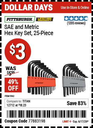 www.hfqpdb.com - PITTSBURGH SAE AND METRIC HEX KEY SET, 25-PIECE Lot No. 5962