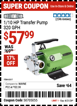 www.hfqpdb.com - DRUMMOND 1/10 HP TRANSFER PUMP, 320 GPH Lot No. 63317